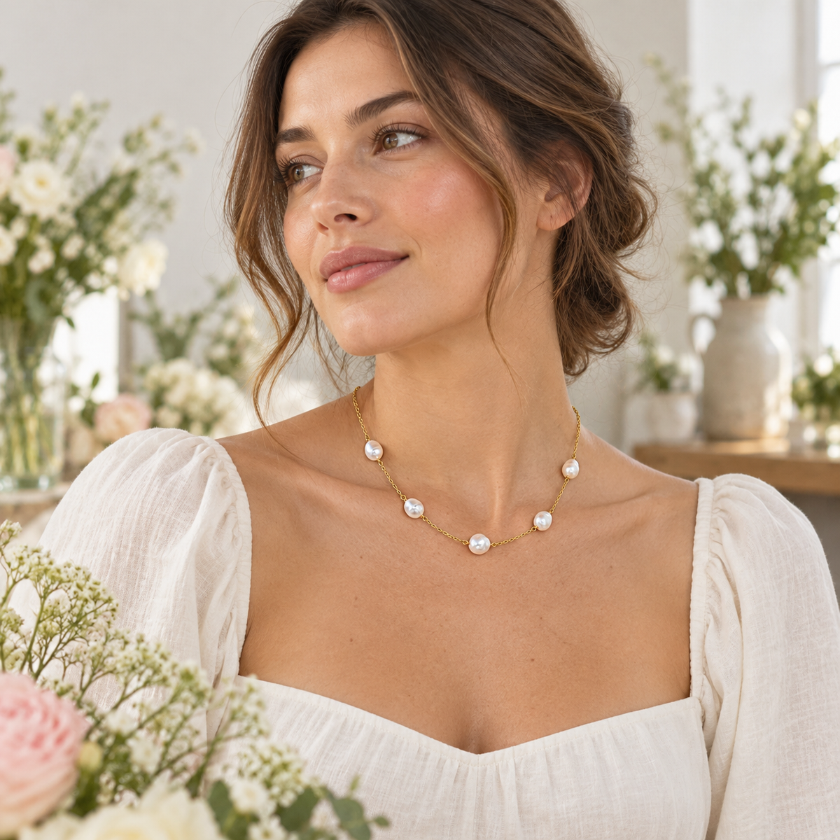Offset Pearl Line Necklace
