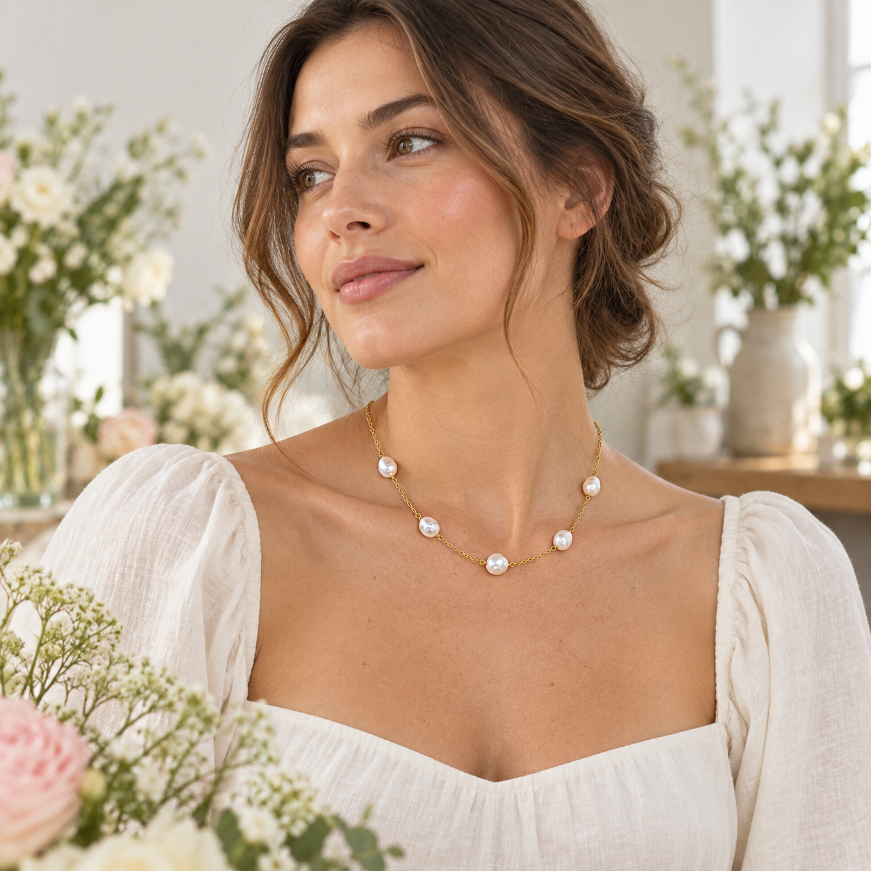 Offset Pearl Line Necklace